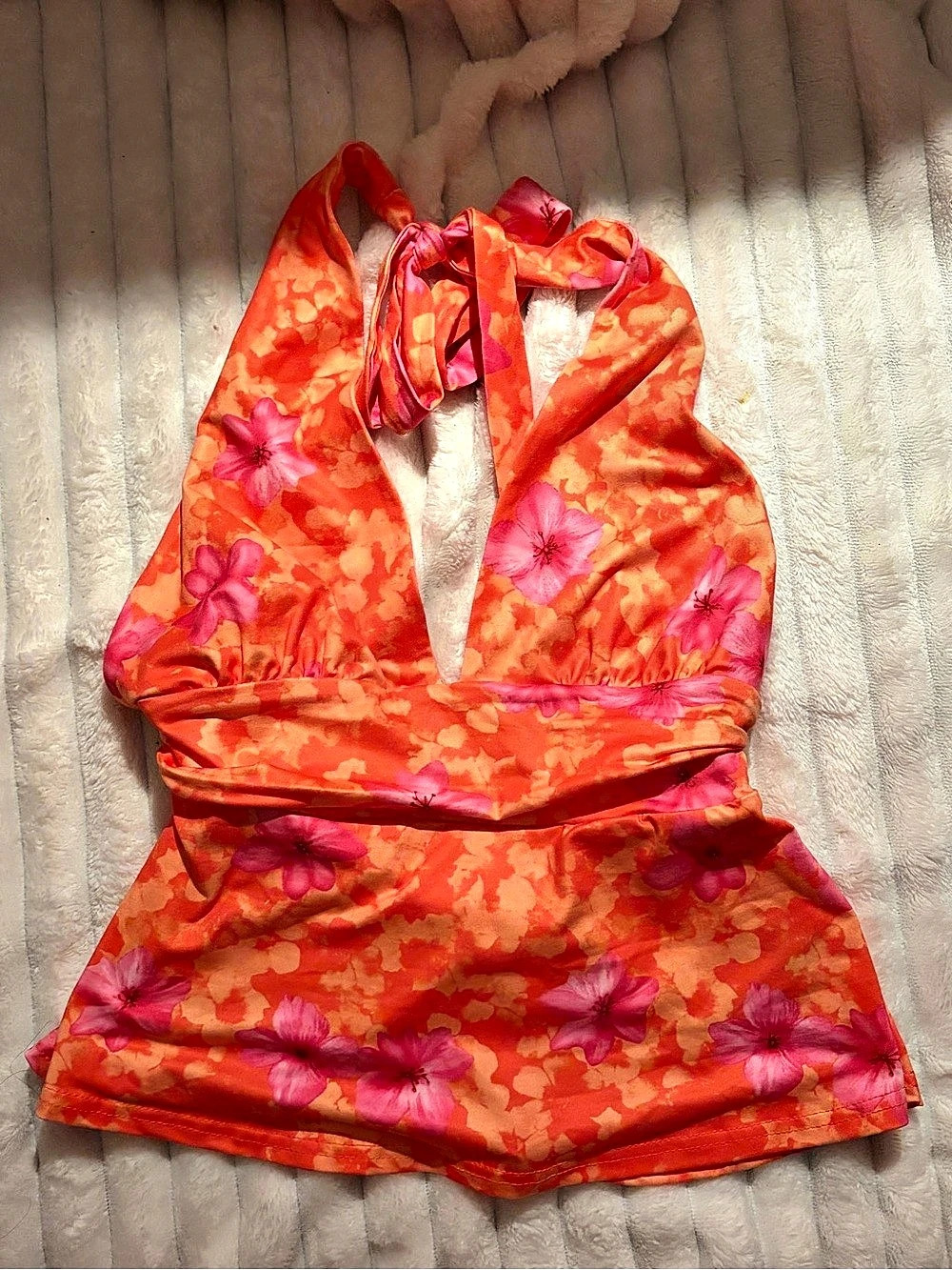 Orange & Pink Floral Halter One Piece Like New